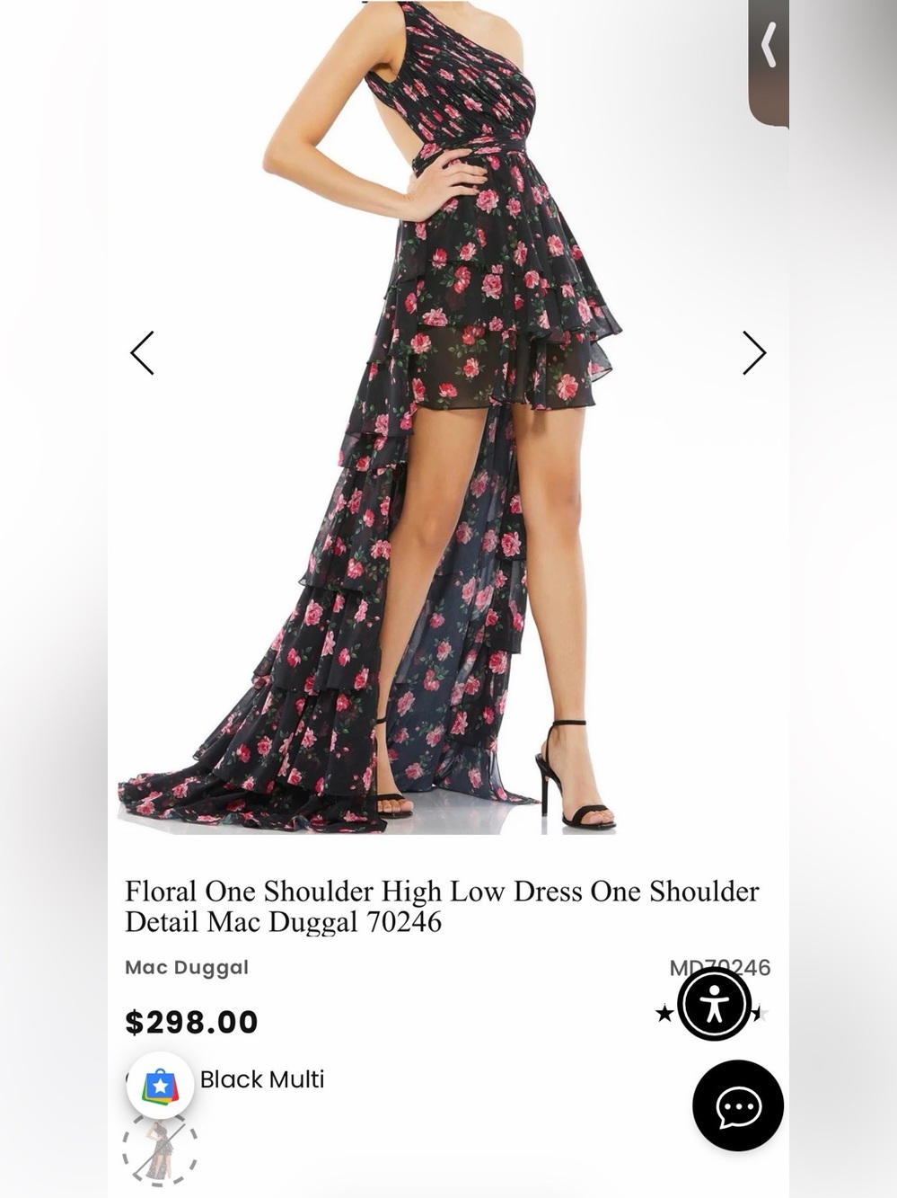 Mac Duggal Black and Pink Floral One-Shoulder High-Low Dress